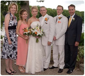 Bjerke family - Judge Todd Bjerke (far right) with his family: (from left to right) wife, Karen Kroll; daughters, Emily and Amanda; son-in-law, Kyle; and son, Benjamin, at Amanda and Kyle's wedding, which Bjerke officiated.