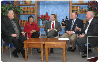 Chief Justice Abrahamson and Director of State Courts A. John Voelker, center, visit with Trempealeau County Sheriff Richard Anderson, far left, Jackson County Sheriff Duane Waldera and Trempealeau County Circuit Court Judge John A. Amon, far right, on the set of Anderson’s cable television access show in Whitehall.