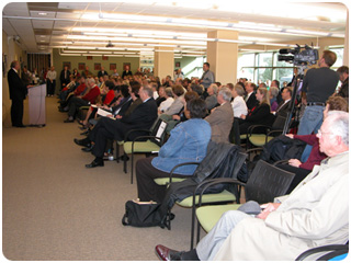 Chief Judge Michael N. Nowakowski speaks at the grand opening celebration. The event was held in the Jury Assembly Room of the new Dane County Courthouse. 
