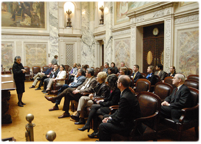 Supreme Court Chief Justice Shirley S. Abrahamson discusses the work of the Supreme Court and the judicial branch with new legislators during the Legislative Council’s orientation program for new legislators.