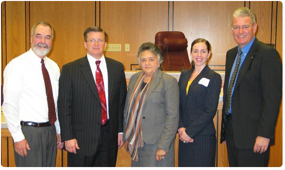 During a recent visit to Dodge County, Chief Justice Shirley S. Abrahamson, center, met with, from left to right, Judge Andrew P. Bissonnette, Judge Brian A. Pfitzinger, Dodge County Bar Association President Katherine Koepsell, and Chief Judge John R. Storck.