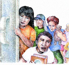 drawing of kids in court