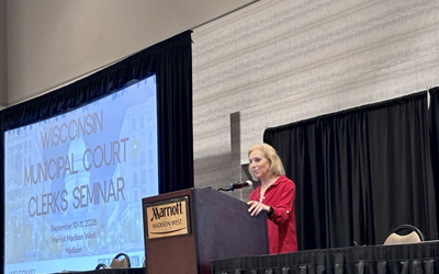 Chief Justice Karofsky addresses attendees at the Municipal Clerk Seminar held in Madison