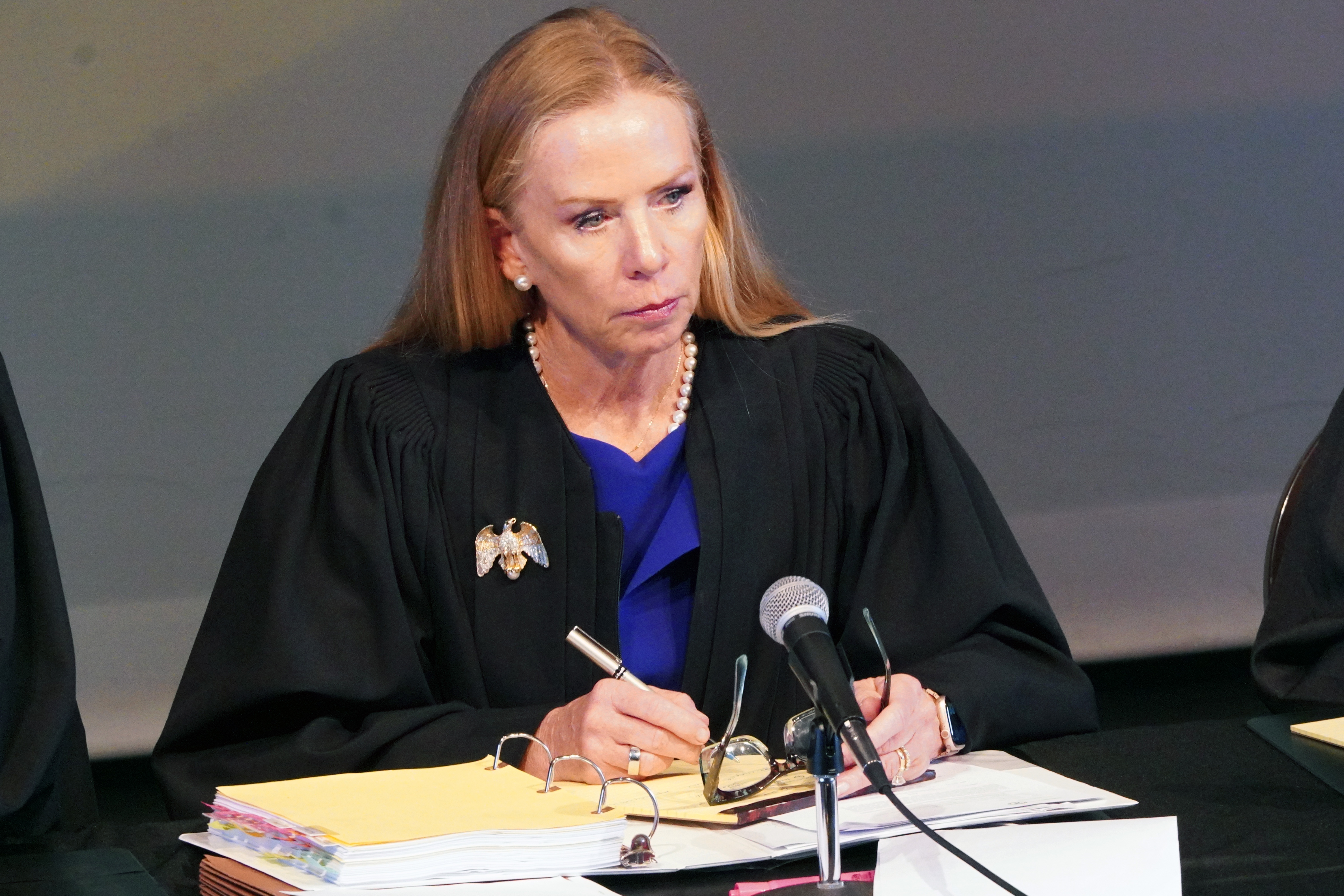 Members of the Wisconsin Supreme Court hear oral arguments at the Heyde Center for the Arts in Chippewa Falls during the Court’s Justice on Wheels visit on October 13.