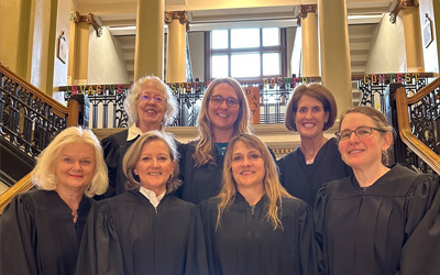 Front row, left to right: Reserve Judge Jill Falstad, formerly of Marathon County Circuit Court; Judge Patricia Baker, Portage County Circuit Court; Chief Judge Ann Knox-Bauer, Taylor County Circuit Court; and Judge Martha Milanowski, Vilas County Circuit Court. Back row left to right: Judge Mary Burns, Oneida County Circuit Court: Judge Katie Sloma, Shawano/Menominee County Circuit Courts, Judge Suzanne O’Neill, Marathon County Circuit Court.