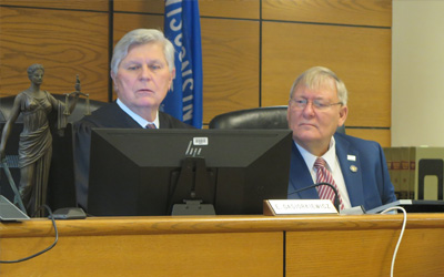 Sen. Van Wanggaard, right, observes the work of Racine County Circuit Court Judge Eugene Gasiorkiewicz during a judicial “ride-along” at the Racine County Courthouse on Jan. 13, 2023