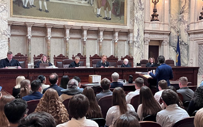 An attorney presents during oral argument before the Supreme Court on April 19. The argument was the last scheduled before Justice Patience Drake Roggensack’s retirement set for July 31.