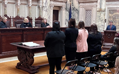 UW Law School Dean Daniel P. Tokaji moves admission of recent UW Law School grads during a ceremony in the Wisconsin Supreme Court Hearing Room Jan. 18. Justices Ann Walsh Bradley, Jill J. Karofsky and Rebecca Frank Dallet presided and administered the Attorney’s Oath to the new lawyers.